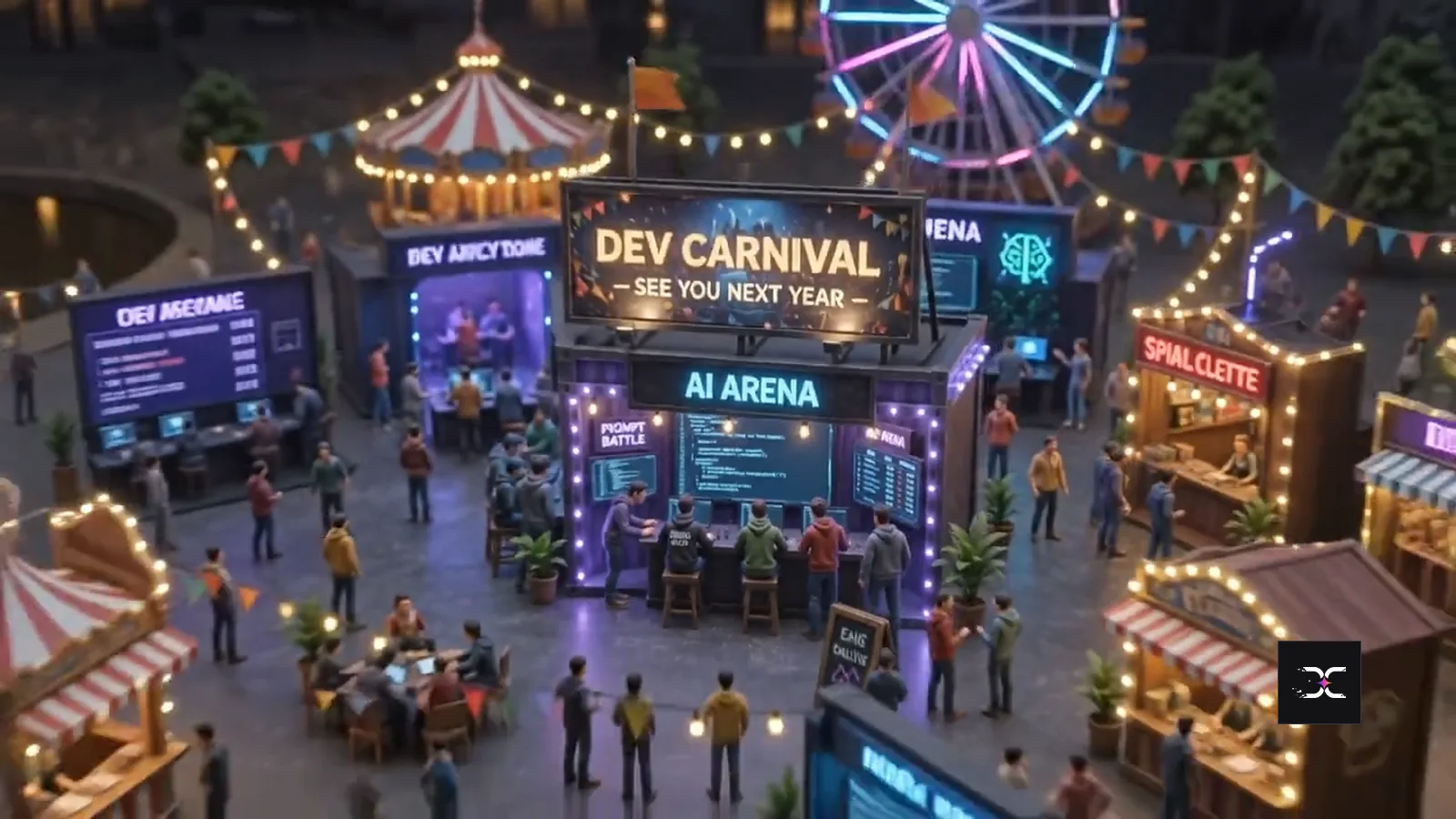 The fully built Dev Carnival grounds at night: glowing arched sign, booths, ferris wheel and crowds.